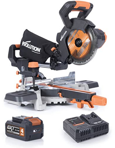 Evolution R185SMS-Li Troncatrice scorrevole cordless per taglio multi-materiale, smusso 45°, bisello 50°, 850 W - Include batteria 4 Ah e caricabatterie, lama TCT da 185 MM, 3 anni di garanzia