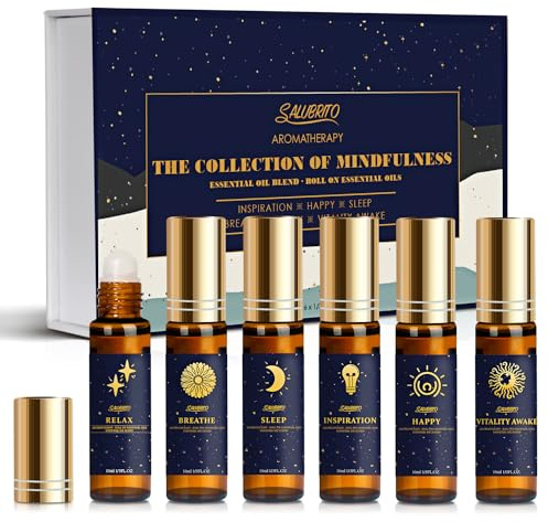 SALUBRITO Essential Oil Roll On Set, 6x10ml Aromatherapy Oil Roller Ball with Lavender, Peppermint Essential Oil Blend for Skin, Anxiety Relief, Relaxation Gift for Women - Sleep, Breathe