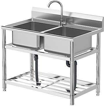 Ausgussbecken Edelstahl Gewerbliche Spülbecken Mit Wasserhahn Mit Kalt Und Warmwasserschläuchen, Outdoor Küche, Freistehend Verpflegung Kommerziell Waschbecken Organizer Küche Für Außen, Innen, Küche