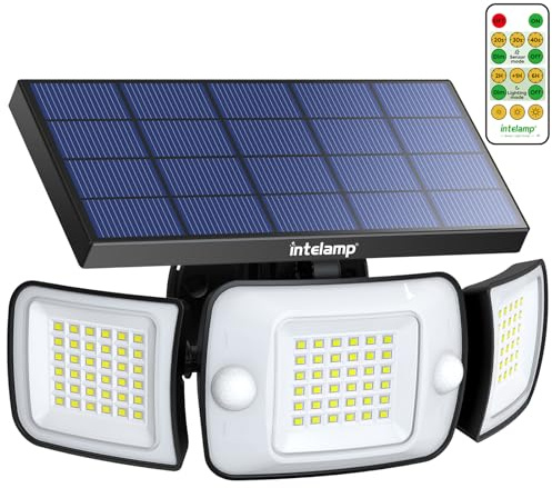 intelamp Solarstrahler für den Außenbereich, LED-Solarstrahler, für den Außenbereich, wasserdicht, mit Bewegungssensor, 270 °, Beleuchtung 1200 lm, 4 Modi & Fernbedienung, Solarleuchten für den