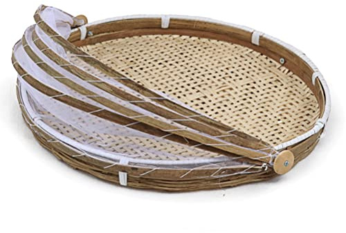 Picnic Mesh Food Covers Tent, Round Food Basket Covered Serving Food Tent Basket Hand Woven with Mesh Cover (30cm)