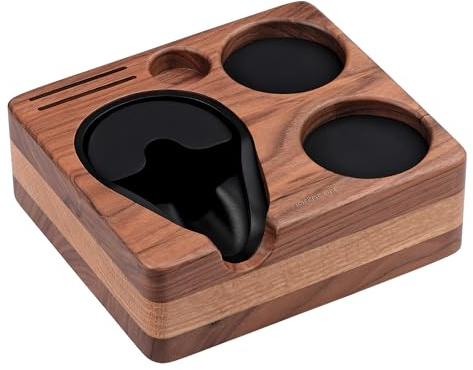 Normcore Estación de apisonamiento, tapete de apisonamiento de espresso de nogal natural, organizador compacto de herramientas de café para portafiltro de 58 mm, manipulador, distribuidor, pantalla de