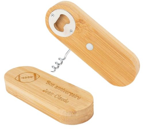 Sacacorchos y abrebotellas de madera grabado personalizado - Hecho de bambú - Grabado de texto en este accesorio de cocina único