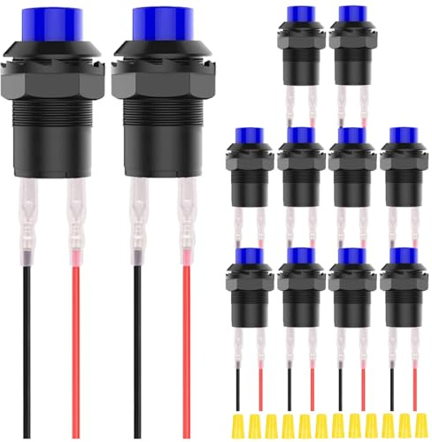 12 mm Mini-Ein-/Ausschalter mit Verriegelung, 250 V, 1,5 A, 125 V, 3A AC, mit Klemme, Drähte, Verdrahtungskappe, Mikro-Runddrucktaste, 2-polig, für PC, blau, Selbstverriegelungsschalter, 12 Stück.