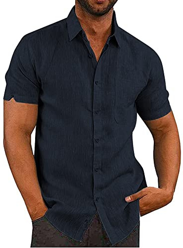 Glacspyg Chemise en Lin Homme Manches Courtes Chemise de Loisirs Fit Casual Vacances Eté Plage Chemise Bleu Marine L