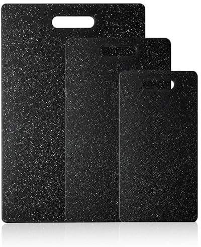NTEK 3 Pieces Marble Plastic Chopping Board Sets, Dishwasher Safe Cutting Boards, Black Chopping Board Set, Non-Slip Feet and Juice Grooves, Easy Grip Handle Chopping Boards for Kitchens