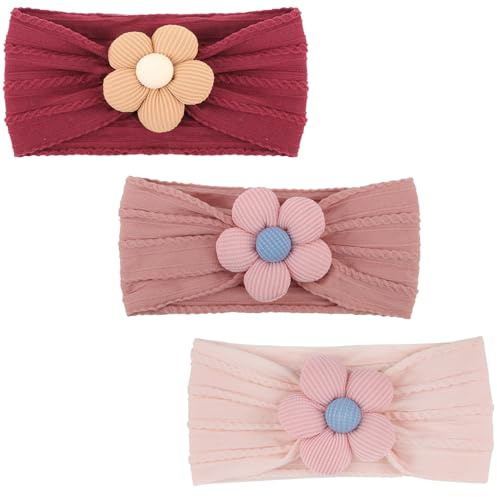 DRESHOW 3 Paket Blomsterpanneband i Nylon för Flickor Handgjorda Hårtillbehör för Nyfödda och Små Barn