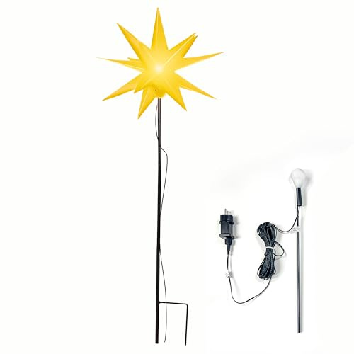 Leuchtstern 3D mit Erdspieß und LED Beleuchtung| gelb | |Ø 57 cm| 3D Stern mit 18 Spitzen | wetterfest | Garten Deko, Wohnzimmer, Weihnachtsdeko | Weihnachtsstern | mit Timer