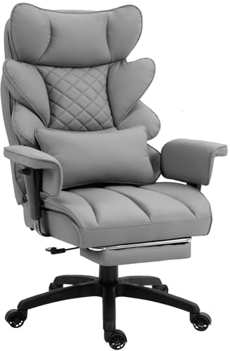 Dowinx Gaming Stuhl, Bürostuhl Ergonomisch mit Taschenfeder-Kissen, Chefsessel mit Doppellagige weiche Rückenlehne und verstellbare Lendenkissen, Armlehnen und Fußstütze, PC Stuhl, PU, Grau