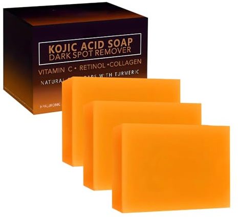 Kojisäure-Seife für Gesicht und Körper, Vitamin C Seifenstück Hyperpigmentierung, feuchtigkeitsspendende Kurkuma-Seife gegen Akne, schwarze Flecken, Mitesser mit Netz-Seifenbeutel (3 Stück)