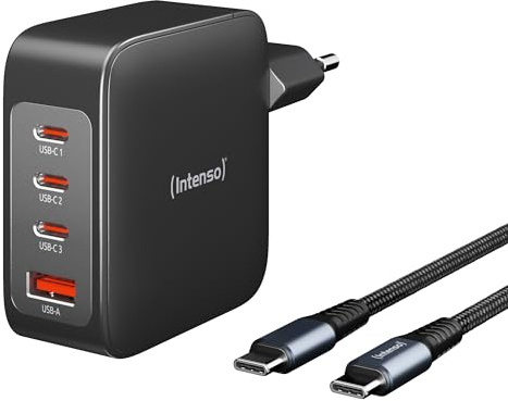 Intenso W140A3C GaN Power Adapter - 140W Netzteil & USB-C Ladekabel | Ladegerät mit 3x USB-C und 1x USB-A Port, PD 3.1 & PPS Unterstützung, 2m 5A Kabel, kompatibel mit iPhone & Samsung