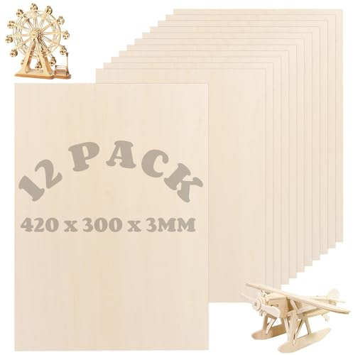 LDHHYH 12 Pack A3 Plywood Sheets 3mm, 420 x 300mm Basswood Sheets, Unfinished Basswood Boards for DIY Crafts, Laser Cutting, Engraving, Model Making, Wood Burning Hobby