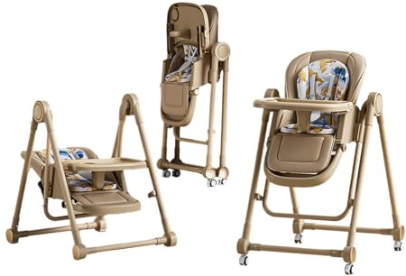 UMGOOGOO Multi Functional All in 1 Baby High Chair Swings for Infants Foldable Rocking 8 Level Height Adjustment Eco Friendly Washable PU Cushion Ultimate Baby Feeding Chair (Brown)