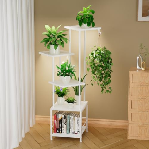 Homsorout Soporte para Plantas con Lámpara de Cultivo - 5 Niveles Esquinero Estanteria Plantas de Metal, 112cm Soporte Macetas Interior, Madera Estantería para Flores para Salón, Jardín, Patio(Blanco)