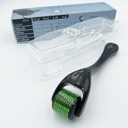 WseSto Derma Roller 540 Titan Mikronadel Anti Aging Massage | 0,3-1,5 mm | 4 Farben | Hautverjüngung Zellstoffwechsel Anti-Falten Gesicht Hals Körper Kopfhaut Haarpflege (Grün, 1,0 mm)