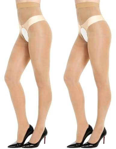 Aaronano 2 Pairs Shiny Sheer Tights Pantyhose for Women 15D Ultra Oil Shimmer Stockings with Control Top, Natural L-XL
