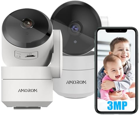 AMOROM 2K WLAN Überwachungskamera Innen 360° Kamera Überwachung mit KI-Bewegungserkennung, Personen-/Haustier-/Babyweinen-Erkennung, Zwei-Wege-Audio, Funktioniert mit Alexa, 2,4GHz, 2 Stück
