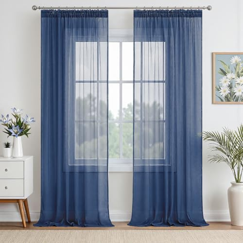 EMEMA Cortinas con cinta fruncidora, cortina transparente de un solo color, gasa transparente Sheer para salón, ventilada, juego de 2 unidades, 245 x 140 cm (alto x ancho), azul oscuro