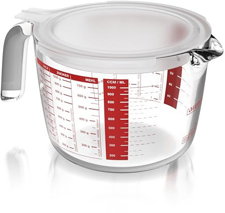 Arendo Vaso medidor de vidrio de 1 l – 1000 ml – Jarra medidora de vidrio de borosilicato – vidrio resistente al calor – apto para microondas – escala precisa
