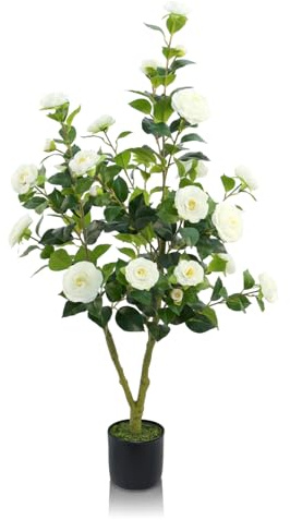 GOVIRAYE Künstlicher Kamelienbaum 120 cm – Kunstpflanze mit Blüten, mit weißen Blüten – Kunstblumen-Baum im Übertopf, naturgetreue Zimmerpflanze für Lounge, Flur, Home-Office & Interior-Deko