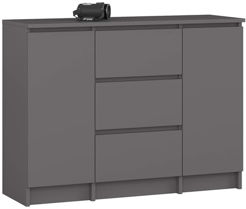 AKORD Kommode K100 mit 3 Schubladen, Schrank mit 2 Tür 4 Regalböden, Für das Wohnzimmer Schlafzimmer, Moderne, 16mm Laminierte Platte, B101xH76xT35 cm, Farbe Graphitgrau & Graphitgrau