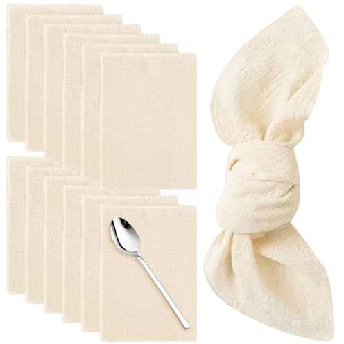 12er Set Stoffservietten, Leinen-Servietten, Wiederverwendbare Leinenstoffservietten, Leinenservietten, Tischdekoration für Familienessen Hochzeiten Bankett Startseite Weihnachten (Beige, 42x42 cm)