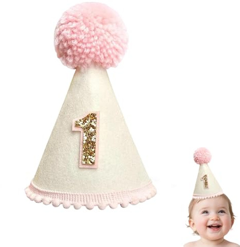 Vyqrx 1st Birthday Hat for Baby Girls Boys – Pink Felt Birthday Crown with Pom Pom, Soft Adjustable Party Hat for 1 Year Old Celebration, Cake Smash, Photo Props(Pink)