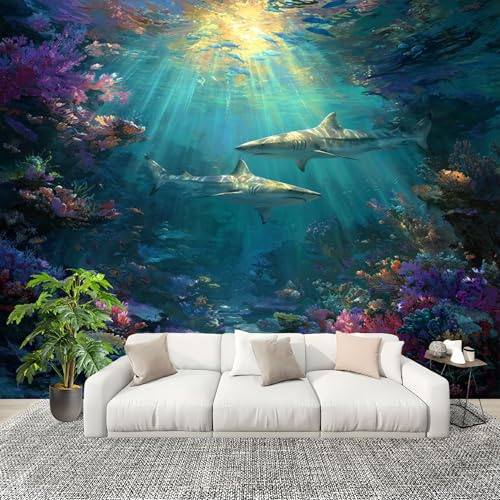 Dormitorio Papel Pintado Mundo Submarino Pintado Pared Panorámico 200x140 cm TiburóN Fotomurales No Tejido, Póster Gigante de Pared Personalizado 3D Para Salón Fotomurales