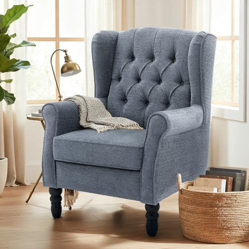 COLAMY Mid-Century Modern Sessel Wohnzimmer, Gepolsterter Wingback-Sessel mit Knopfsteppung, loungesessel Bezug aus Gewebe mit Massivholzbeinen für Wohnzimmer, Büro, Café - Blau