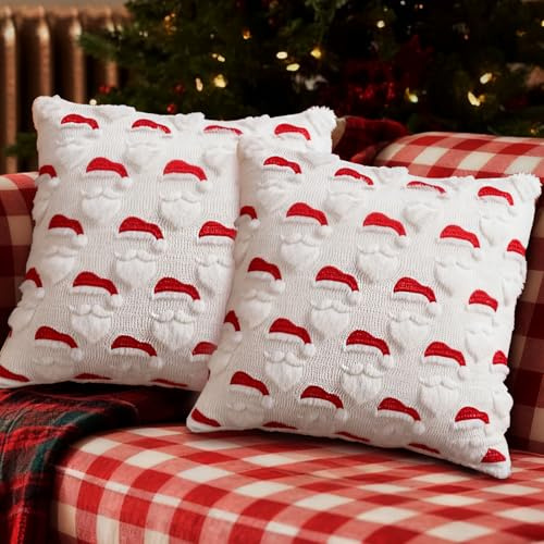 CWENDANER Federa natalizia per cuscino 2 pezzi, con ricamo (albero di Natale), federa natalizia 45x45 cm, copricuscino natalizio per divano, soggiorno, camera da letto (Babbo Natale bianco)