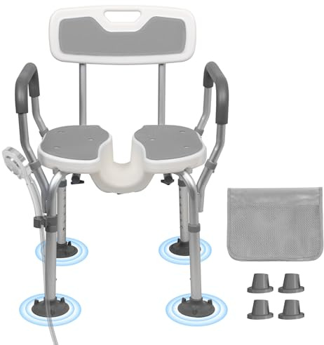 U-förmiger Duschstuhl für Senioren, Ergonomischer Duschstuhl mit Rückenlehne und Armlehnen, 180kg, Duschhocker für Privatwaschen, inklusive Saugnapf, 6-Ebene-Höhenverstellbarer Duschsessel, Grau