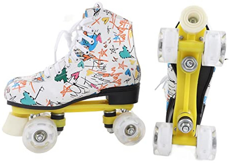 Akozon Zweireihige Rollschuhe mit 4 Rädern, Weiße Graffiti-Rollschuhe, Skating-Schuhe für und Erwachsene, Größe 38