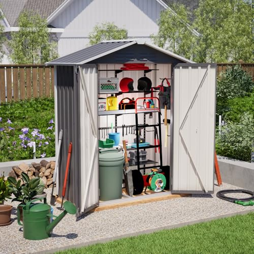 Abri de Jardin métallique Gris, 154 x 83 x 180 cm, avec Trous de Ventilation, Fondation métallique, Porte verrouillable et résistant aux intempéries. Idéal pour Ranger Les Outils de Jardin.