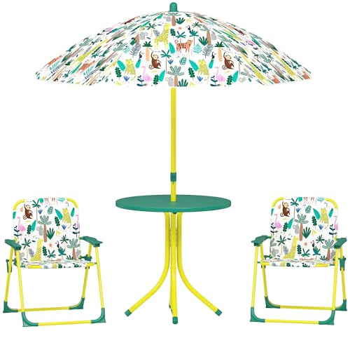AIYAPLAY Tavolo da Picnic per Bambini, Set Tavolo e Sedie con 2 Sedie Pieghevoli e Ombrellone Removibile, Tema Giungla, Mobili da Esterno per Giardino, Patio, Verde