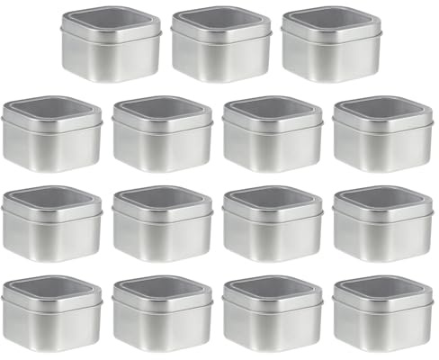 CALLARON 15 Scatole in Latta Quadrate da 8 Once con Coperchio Trasparente per Candela Fai da Te, Contenitori Riutilizzabili per Creazione Candele e Conservazione Cosmetici, Kit Barattoli