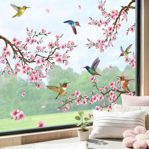 SHUCHING Spring Cherry Blossom Window Stickers, Pink Flower Branch and Birds Window Clings, Double Sided Static Stickers Decorations for Shop Glass Mirror Anti-Collision Reusable | Cherry Blossom Anti Collision Double-Side Static Decals for Doors Window