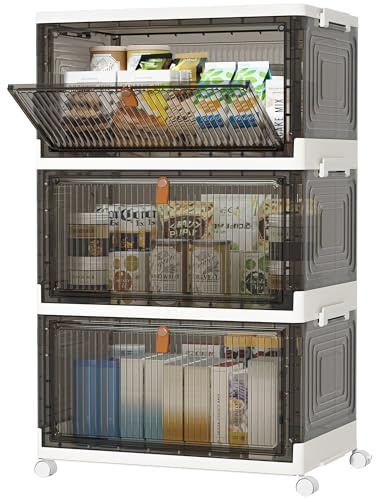 Aufbewahrungsboxen mit Deckel, 33 Liter 3er Pack Stapelbare Aufbewahrungsboxen mit Rollen, Klappbare Aufbewahrungsschubladen, Plastikbox mit Deckel für Spielzeug/Büromaterial/Snacks/Kleidung, Grau