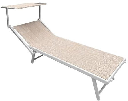 Lettino Prendisole Professionale Pieghevole e Impilabile con Parasole Regolabile, Schienale Reclinabile 2 Posizioni, Struttura in Alluminio, Tessuto Impermeabile UV Resistente, Portata 110 Kg - Beige