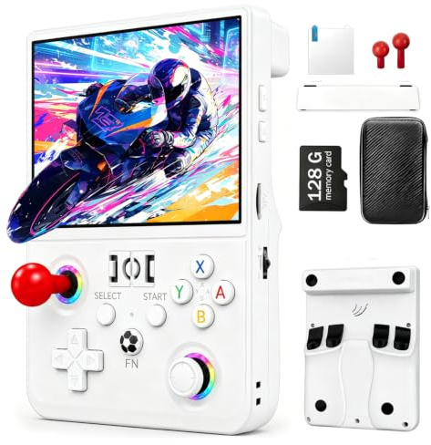 Console portatile retrò R36MAX2, Console retrò con processore quad-core RK3326, schermo IPS HD da 4,5 pollici, scheda di memoria da 128 GB, joystick rimovibile e batteria da 4000 mAh (Bianco)