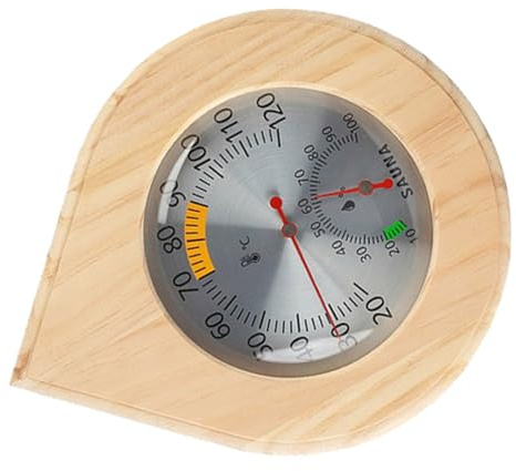 BESPORTBLE Thermomètre de Sauna Hygromètre 2-en-1 en Bois, Mural, 21, 5 Cm | Forme Goutte D’eau, Affichage Double, Précision Mécanique Stable, Entretien sans Maintenance, Usage Hôtel
