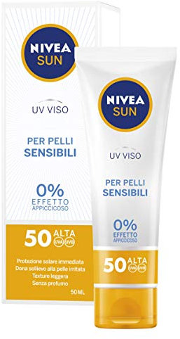 NIVEA SUN Crema UV Viso Sensitive SPF50 50 ml, Crema solare viso 50 per pelli sensibili, Protezione solare viso contro le allergie solari, Crema viso SPF 50 senza profumo dalla texture leggera