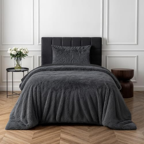 Sleepdown Fleece Luxury Long Pile Faux Fur Charcoal Grey Super Soft Easy Care Duvet Cover Quilt Bedding Set with Pillowcase - Single (135cm x 200cm)