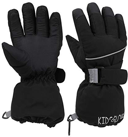 QKURT Kinder Skihandschuhe, Snowboard Handschuhe Schneehandschuhe wasserdichte und Winddichte Winter Fäustlinge für 4-14 Jahre Mädchen und Jungen Skifahren Snowboard Reiten Laufen Wandern-Schwarz-7-10