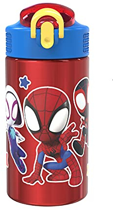 Zak Designs Marvel Spider-Man 18/8 Single Wall Stainless Steel Kids Water Bottle, Flip Straw Locking Spout Cover, Durable Cup for Sports or Travel (15.5oz, Non-BPA, Spidey and His Amazing Friends)