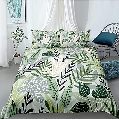 DHFDH Copripiumino Matrimoniale 240x220 cm, Foglie verdi fresche 3D Stampato, Set Letto Matrimoniale Completo in Microfibra con Cerniera, 1 Copripiumini + 2 Federa 50x80 cm (Anallergico)