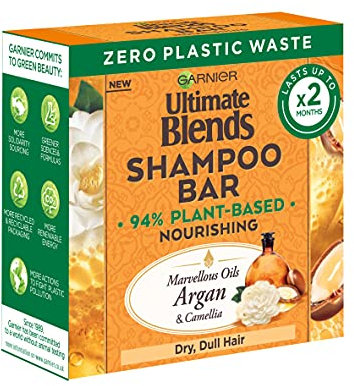 Garnier Ultimate Blends Marvellous Oils Nourishing Shampoo Bar for Dry, Dull Hair, 94% Plant Based Solid Shampoo with Argan & Camellia Oil, Vegan Formula, No Silicones, 60g