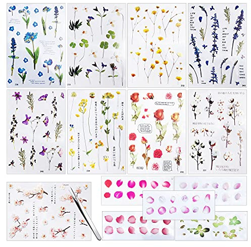 Woohome 18 PCS Autocollants de Resine et Brucelles Ciseaux Fleur Feuilles, 3D Film Autocollants pour Moules en Résine de Silicone, Transparents pour Décorer des Autocollants pour Métiers en Résine