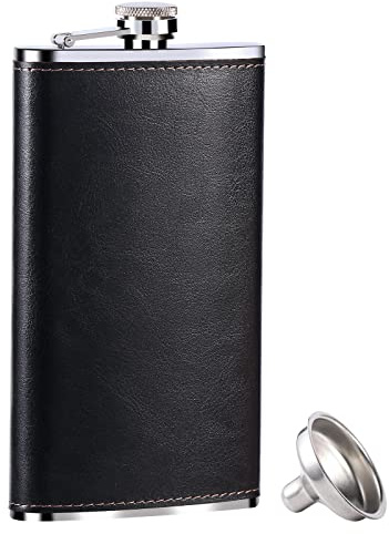 GENNISSY 10oz Whiskey Flask for Men - Stainless Steel Hip Flask with Black Leather, Leakproof with Funnel & Never Lose Cap, Gift for Men(Groomsmen, Camping, Wedding)