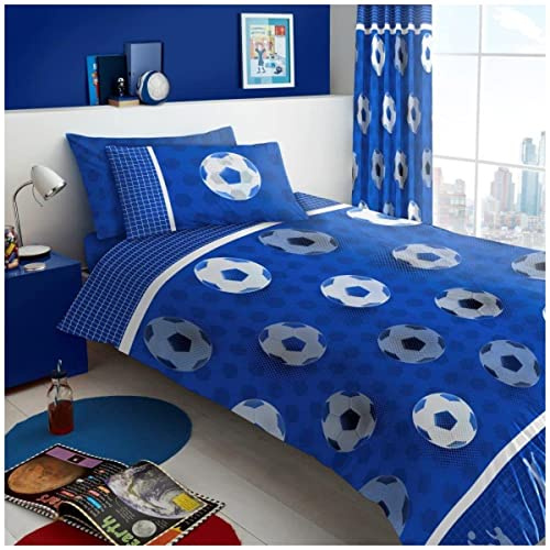 Lions Kids Single Duvet Cover Set, Boys Bedding with Matching Pillowcases, Ultra Soft Reversible Soft Quilt Covers, Football Blue, 135x200cm