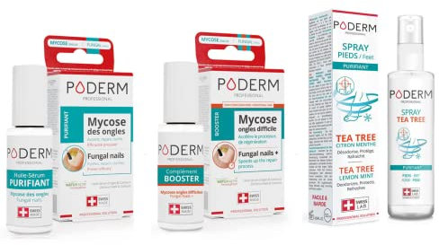 PODERM - LOT 3 PRODUITS | Best Sellers | MYCOSE ONGLE TRAITEMENT + COMPLEMENT BOOSTER + SPRAY Purifiant Anti-Odeur & Anti-transpirant pieds - Soin professionnel pied/main |Facile & rapide |Swiss Made